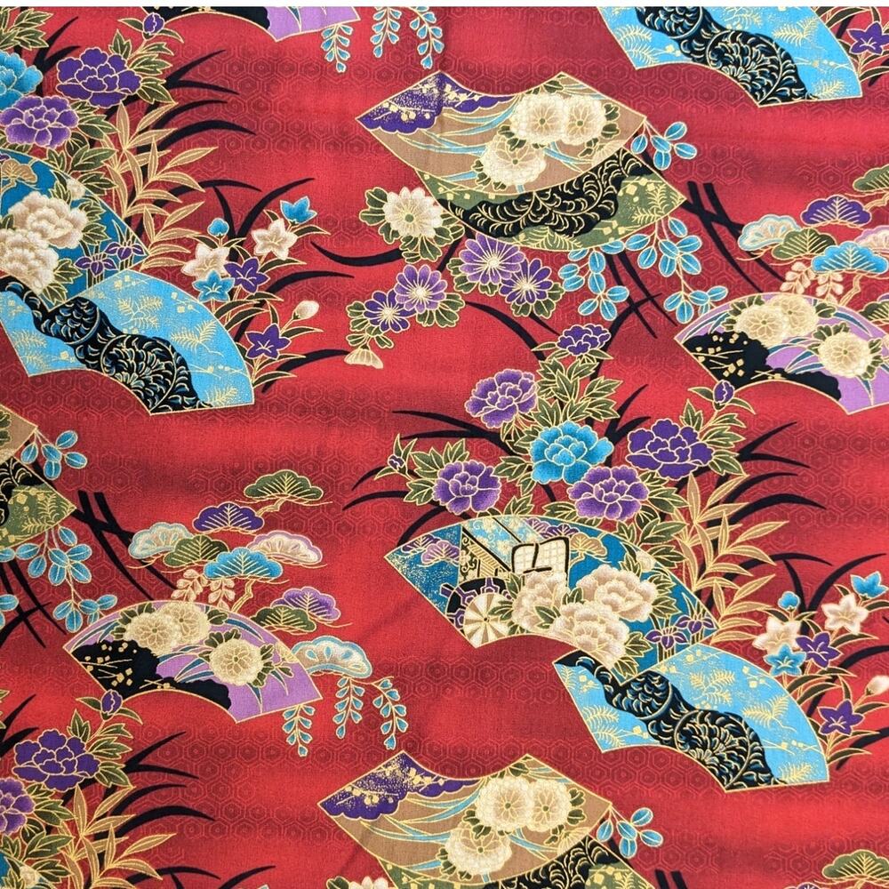 SALE! Vintage 6 1/3 Yds KONA BAY COTTON FABRIC Metallic Gold Asian Hawaiian Fans